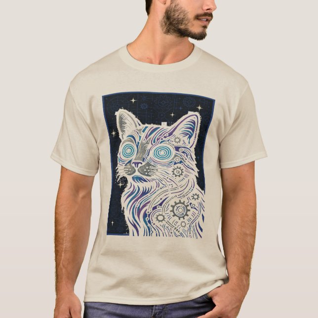 Steampunk Circuit Cat - Cyberpunk Feline Art Tee (Front)