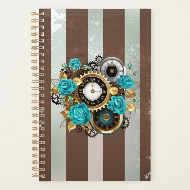 Steampunk Clock and Turquoise Roses on Striped (Devant)