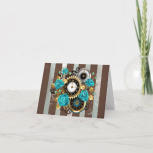 Steampunk Clock and Turquoise Roses on Striped