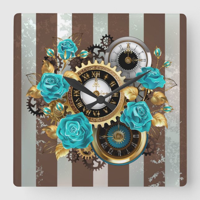 Steampunk Clock and Turquoise Roses on Striped (Front)