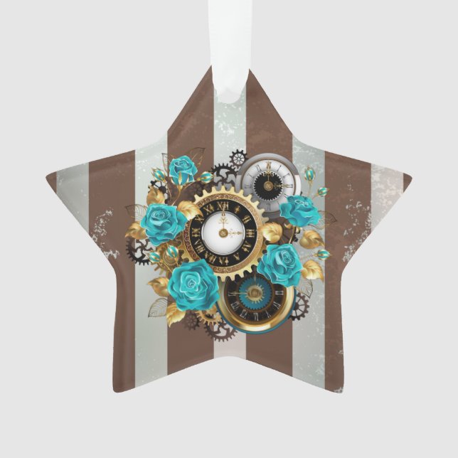 Steampunk Clock and Turquoise Roses on Striped (devant)