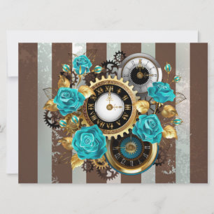 Steampunk Clock and Turquoise Roses on Striped