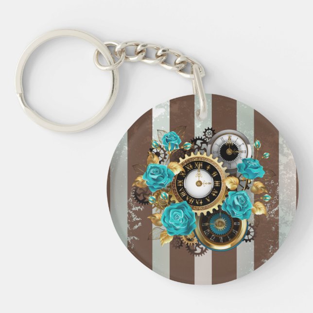 Steampunk Clock and Turquoise Roses on Striped (Devant)