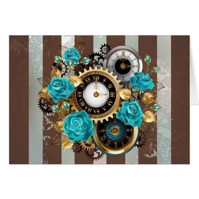 Steampunk Clock and Turquoise Roses on Striped (Front Horizontal)