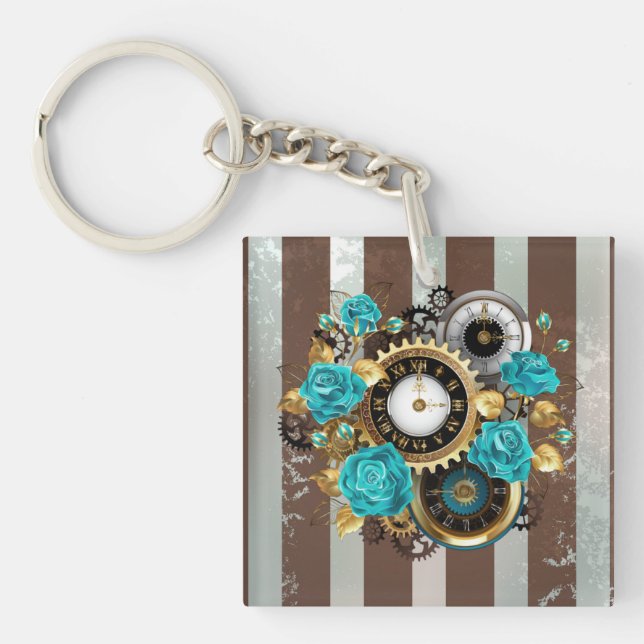 Steampunk Clock and Turquoise Roses on Striped (Devant)