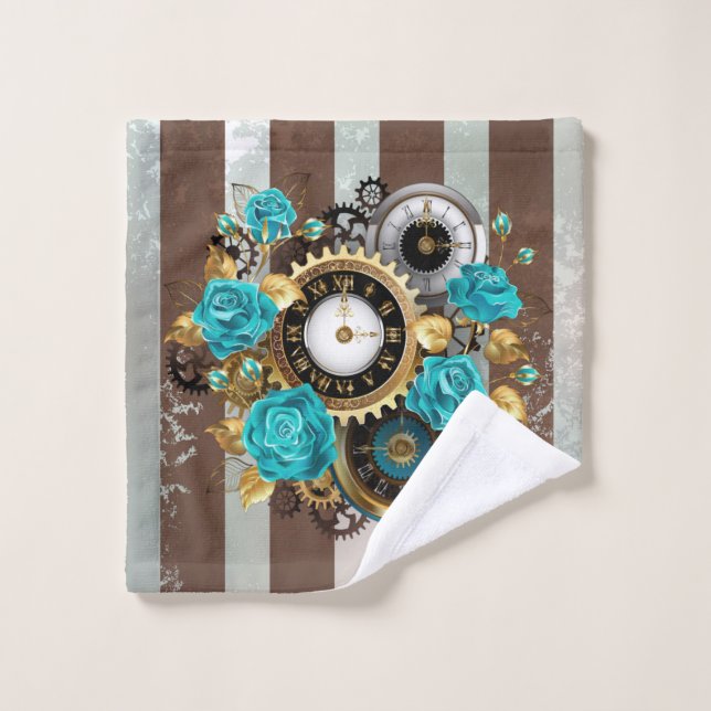 Steampunk Clock and Turquoise Roses on Striped (Gant de toilette)