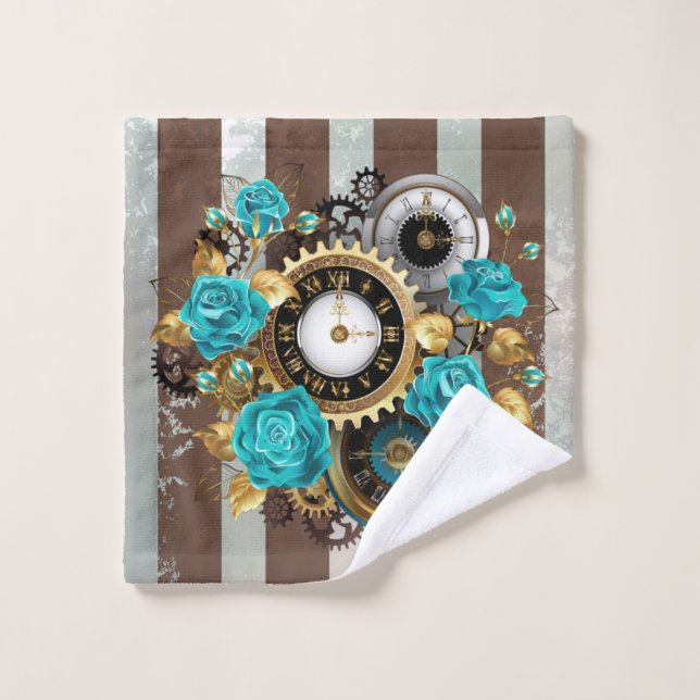 Steampunk Clock and Turquoise Roses on Striped (Gant de toilette)