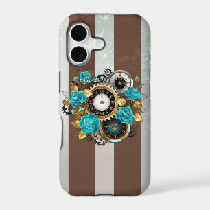Steampunk Clock and Turquoise Roses on Striped