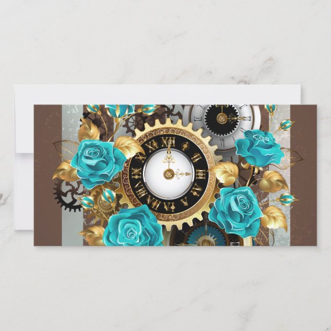 Steampunk Clock and Turquoise Roses on Striped (Front)