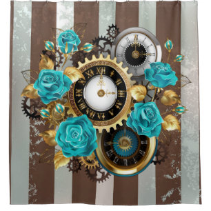 Steampunk Clock and Turquoise Roses on Striped