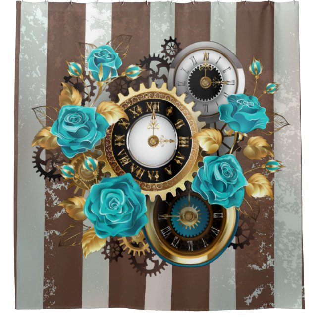Steampunk Clock and Turquoise Roses on Striped (Front)