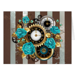 Steampunk Clock and Turquoise Roses on Striped