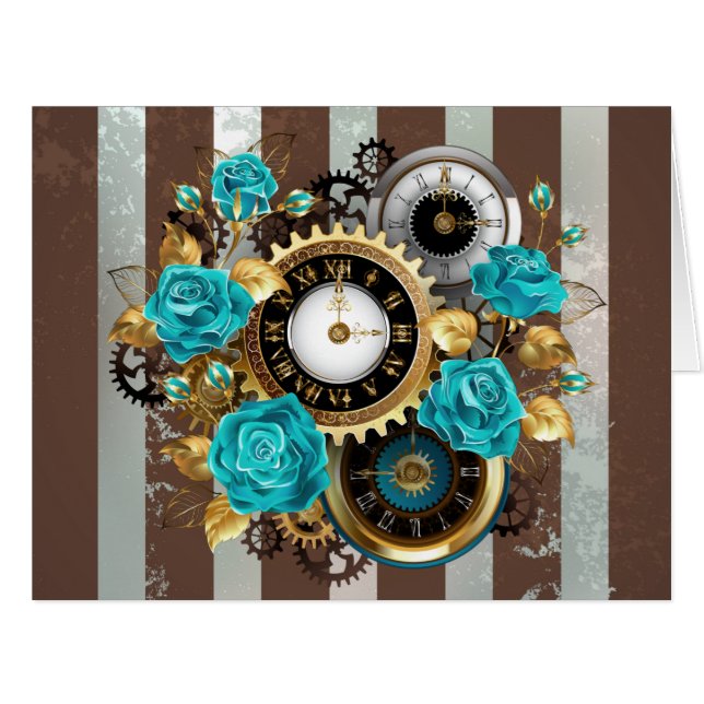 Steampunk Clock and Turquoise Roses on Striped (Devant horizontal)