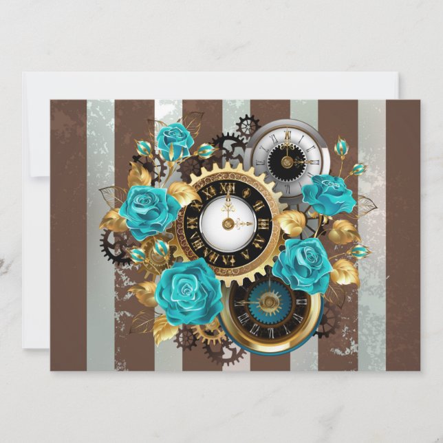 Steampunk Clock and Turquoise Roses on Striped (Front)