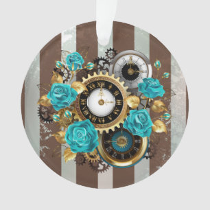 Steampunk Clock and Turquoise Roses on Striped