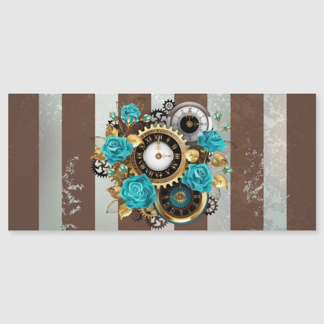 Steampunk Clock and Turquoise Roses on Striped (Front)