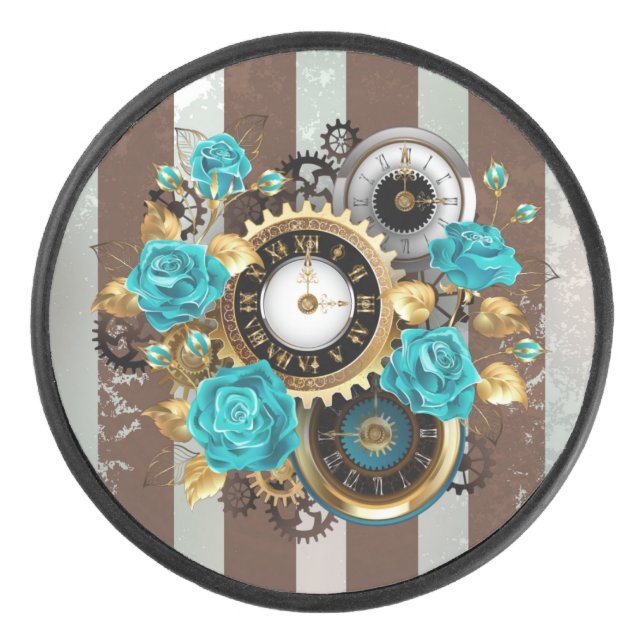 Steampunk Clock and Turquoise Roses on Striped (Devant)