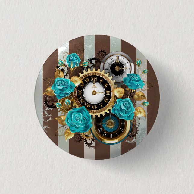 Steampunk Clock and Turquoise Roses on Striped 1 Inch Round Button (Front)