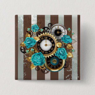 Steampunk Clock and Turquoise Roses on Striped 2 Inch Square Button