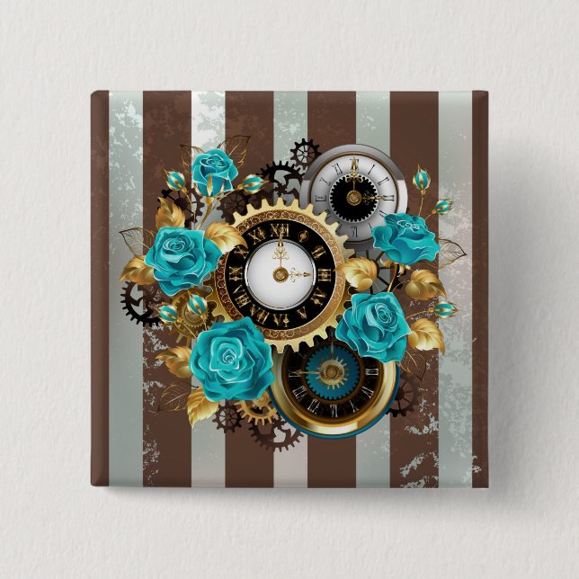 Steampunk Clock and Turquoise Roses on Striped 2 Inch Square Button (Front)