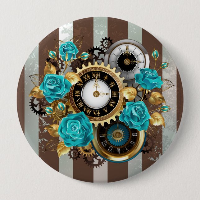 Steampunk Clock and Turquoise Roses on Striped 4 Inch Round Button (Front)