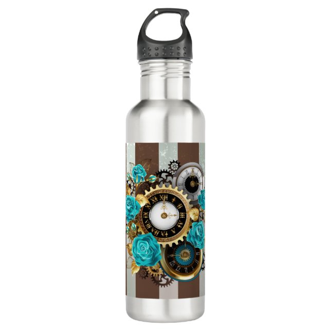 Steampunk Clock and Turquoise Roses on Striped 710 Ml Water Bottle (Front)