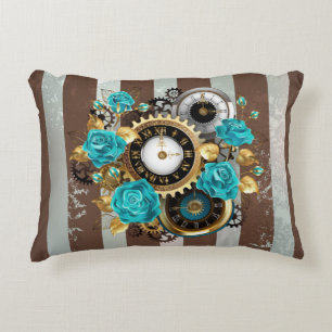 Steampunk Clock and Turquoise Roses on Striped Accent Pillow