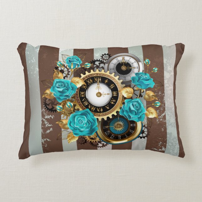Steampunk Clock and Turquoise Roses on Striped Accent Pillow (Front)