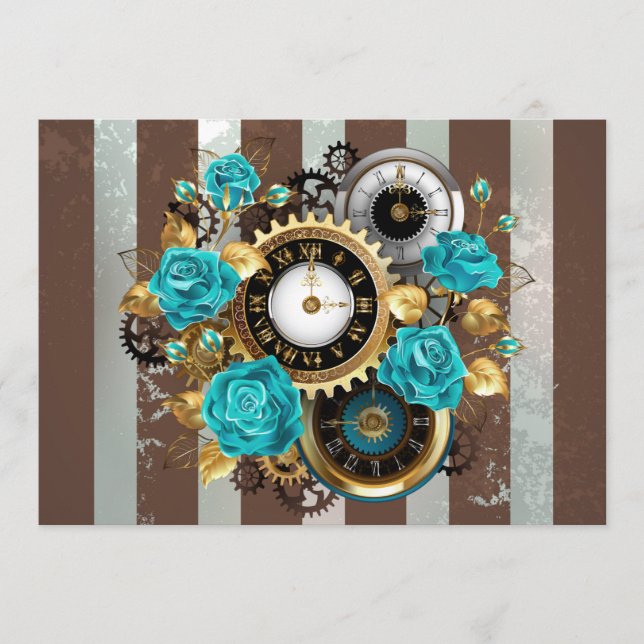 Steampunk Clock and Turquoise Roses on Striped Advice Card (Front)