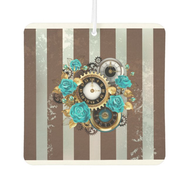 Steampunk Clock and Turquoise Roses on Striped Air Freshener (Front)