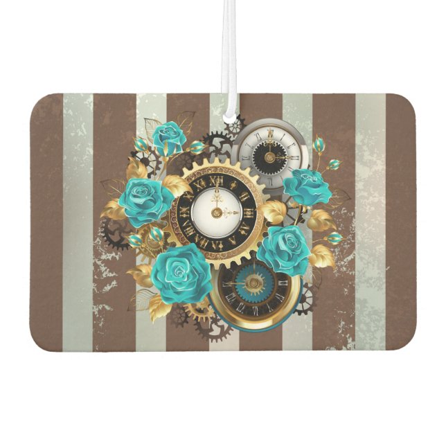 Steampunk Clock and Turquoise Roses on Striped Air Freshener (Front)