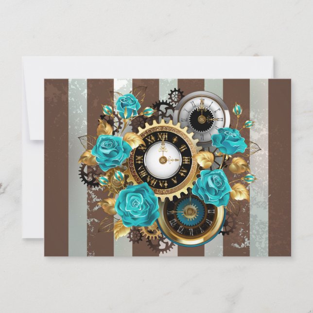 Steampunk Clock and Turquoise Roses on Striped Announcement (Front)