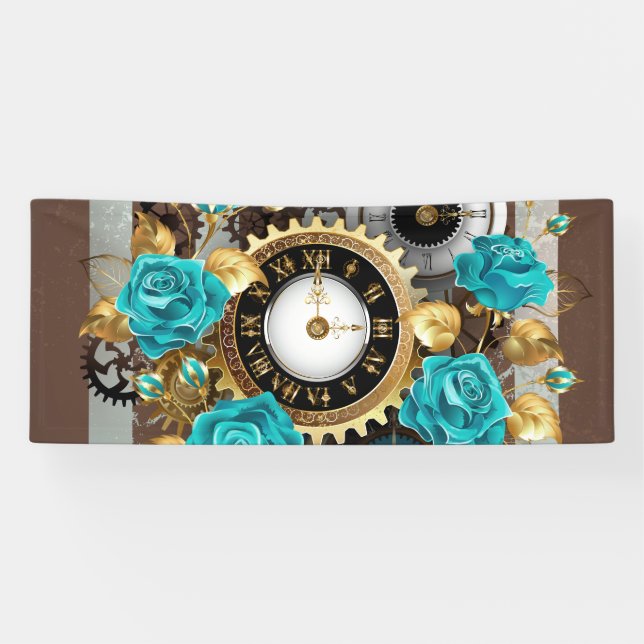 Steampunk Clock and Turquoise Roses on Striped Banner (Horizontal)