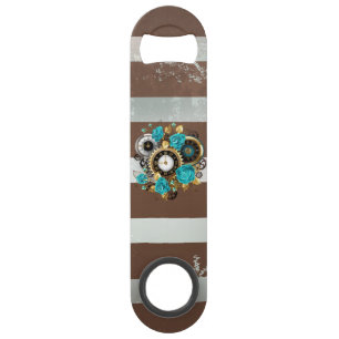 Steampunk Clock and Turquoise Roses on Striped Bar Key