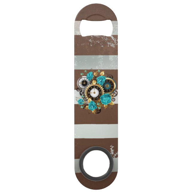 Steampunk Clock and Turquoise Roses on Striped Bar Key (Front)