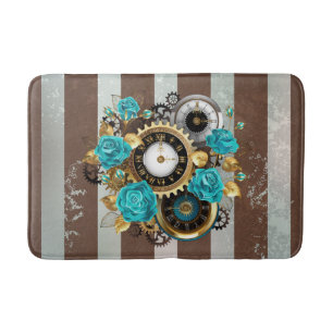 Steampunk Clock and Turquoise Roses on Striped Bath Mat