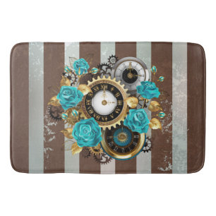 Steampunk Clock and Turquoise Roses on Striped Bath Mat