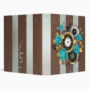 Steampunk Clock and Turquoise Roses on Striped Binder