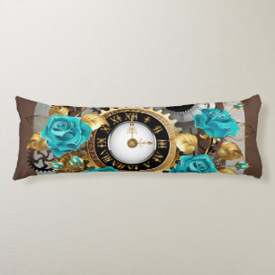 Steampunk Clock and Turquoise Roses on Striped Body Pillow