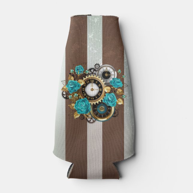 Steampunk Clock and Turquoise Roses on Striped Bottle Cooler (Front)
