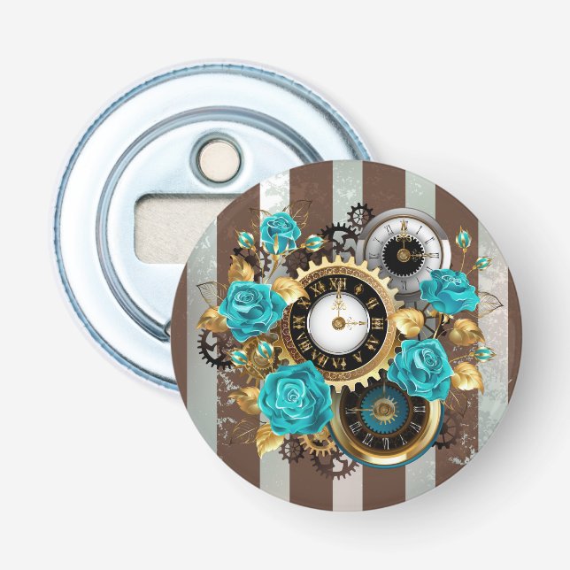 Steampunk Clock and Turquoise Roses on Striped Bottle Opener (Front)