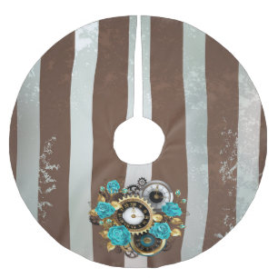 Steampunk Clock and Turquoise Roses on Striped Brushed Polyester Tree Skirt
