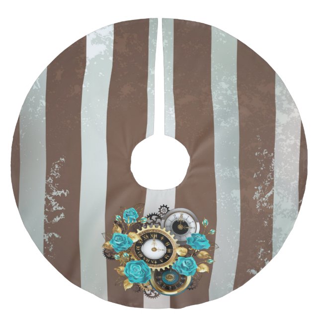 Steampunk Clock and Turquoise Roses on Striped Brushed Polyester Tree Skirt (Front)