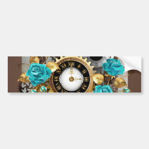 Steampunk Clock and Turquoise Roses on Striped Bumper Sticker