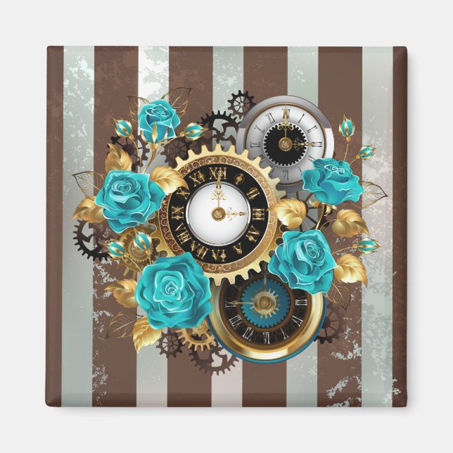 Steampunk Clock and Turquoise Roses on Striped Bus Magnet (Front)