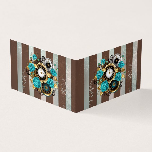 Steampunk Clock and Turquoise Roses on Striped Business Card (Outside)