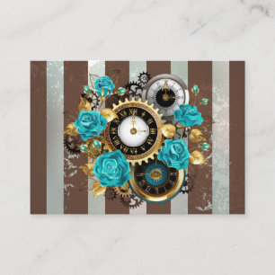 Steampunk Clock and Turquoise Roses on Striped Business Card