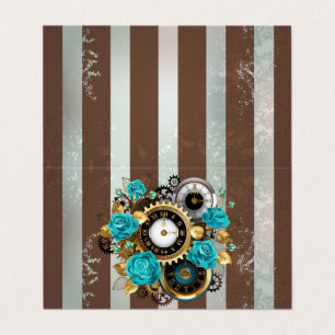 Steampunk Clock and Turquoise Roses on Striped Business Card