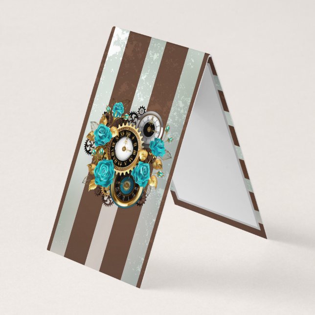 Steampunk Clock and Turquoise Roses on Striped Business Card (Back)