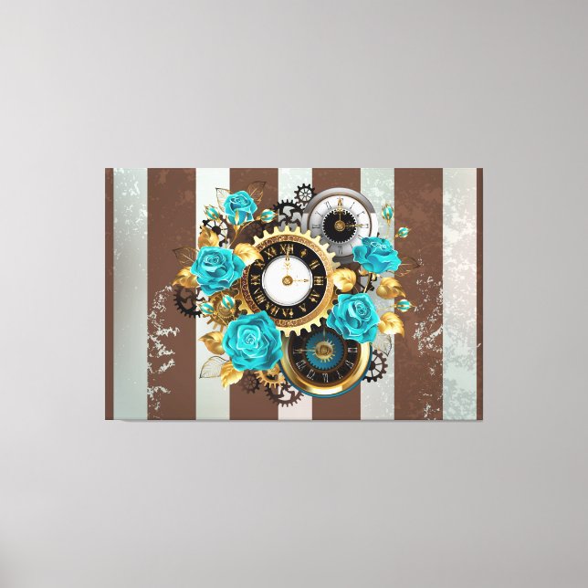 Steampunk Clock and Turquoise Roses on Striped Canvas Print (Front)
